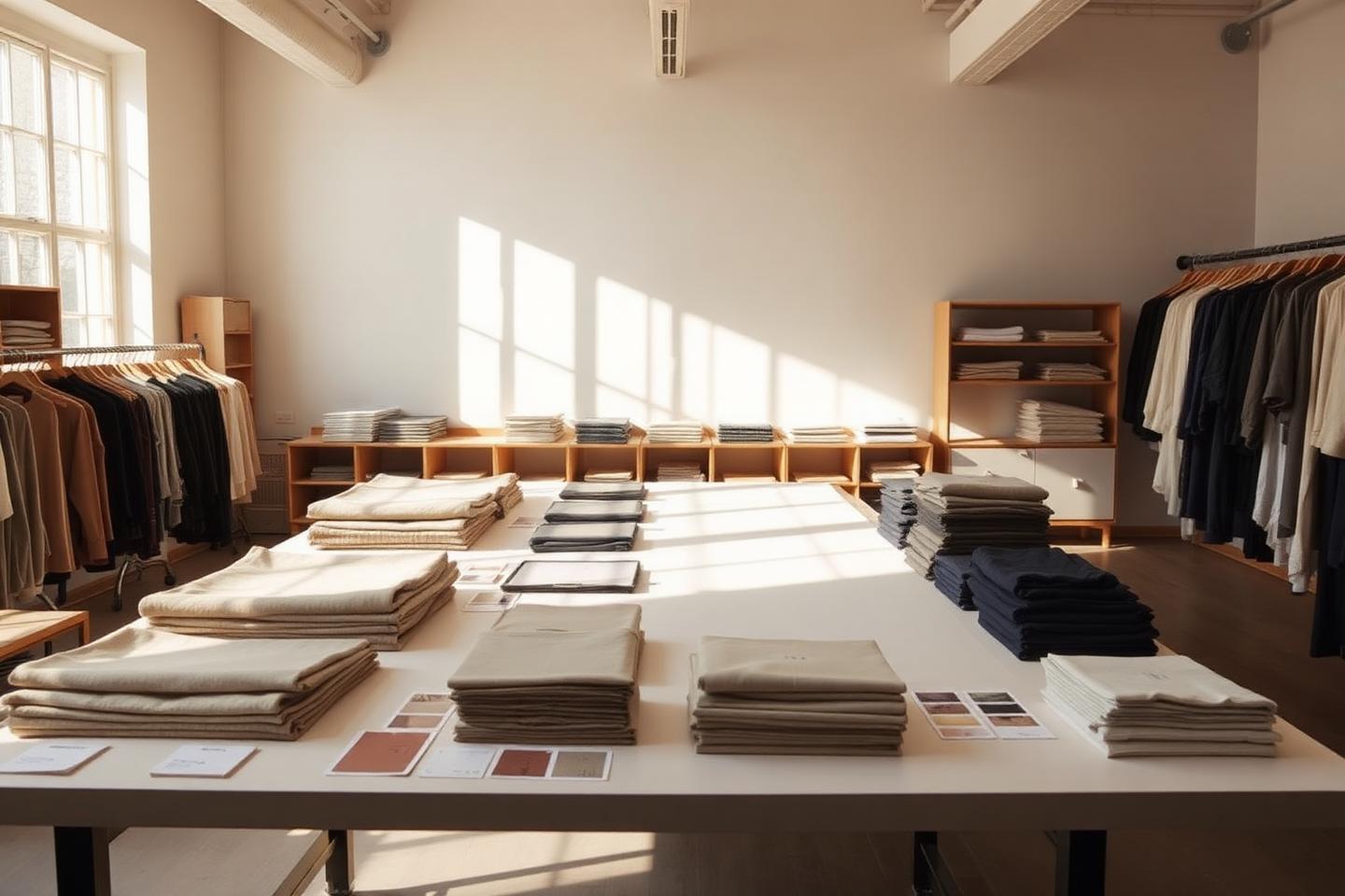 Merchandise samples and print references laid out in the studio